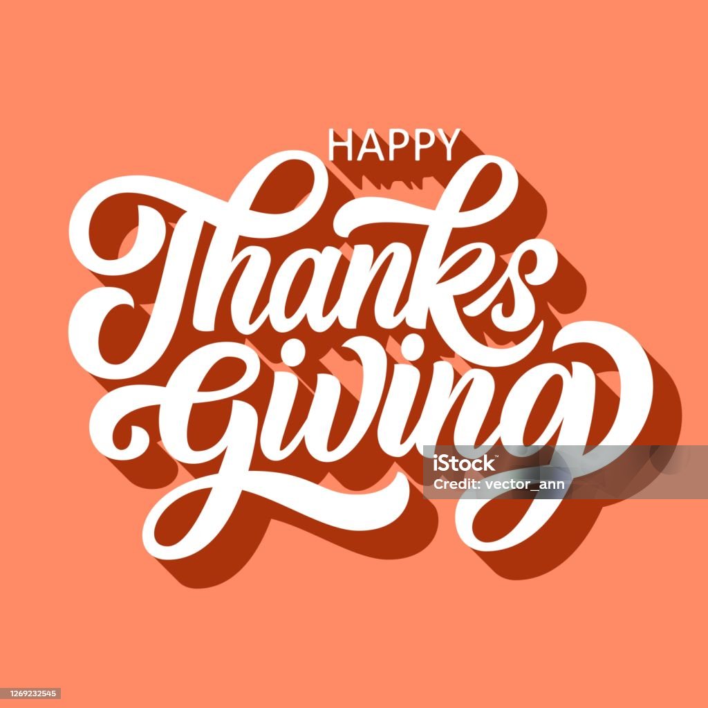 Happy thanksgiving brush hand lettering with 3d shadow Happy thanksgiving brush hand lettering with 3d shadow, on retro red white background. Calligraphy vector illustration. Can be used for holiday type design. Thanksgiving - Holiday stock vector