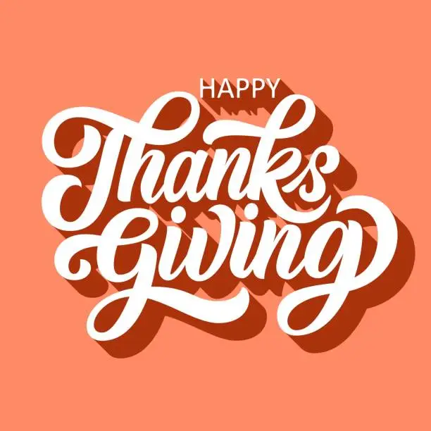 Vector illustration of Happy thanksgiving brush hand lettering with 3d shadow