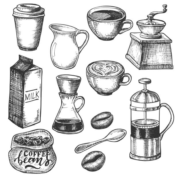 kawa ręcznie rysowane doodles - coffee bag sack backgrounds stock illustrations