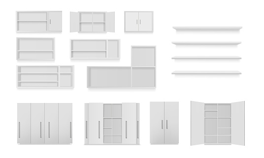 Vector set of cabinets isolated on white background. Bathroom cabinet, wardrobe, wall shelf, empty bookshelf. Mockup 3d illustration.