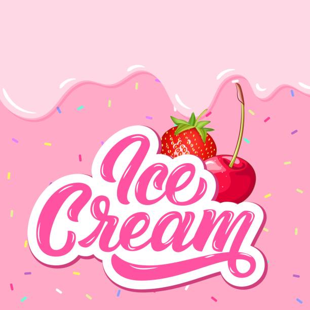 Ice Cream hand lettering, custom typography, cartoon letters on pink liquid background with cherry and strawberry. Ice Cream hand lettering, custom typography, cartoon letters on pink liquid background with cherry and strawberry. Vector type illustration ice cream stock illustrations