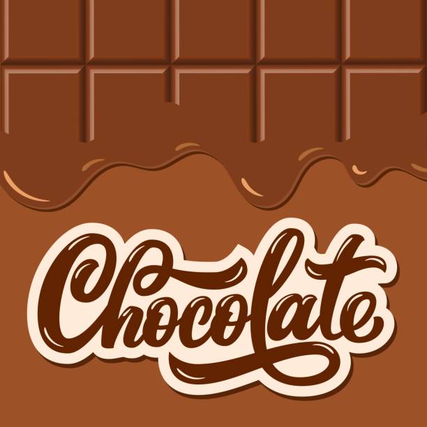 Liquid Chocolate hand lettering, custom typography, cartoon letters on brown melting bar background. Liquid Chocolate hand lettering, custom typography, cartoon letters on brown melting bar background. Vector type illustration. chocolate stock illustrations