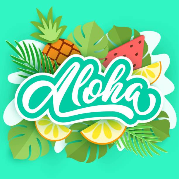 istock Aloha hand lettering on paper cut background with palm leaves, watermelon, pineapple and citrus, tropical 3d design. 1269234460