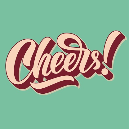 Cheers hand lettering, custom typography,  brush calligraphy, on retro background with long 3d shadow. Vector type illustration.