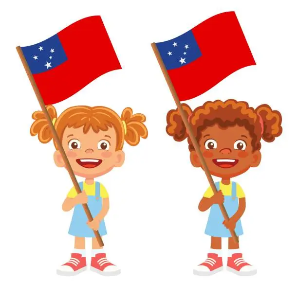 Vector illustration of Child holding Samoa flag