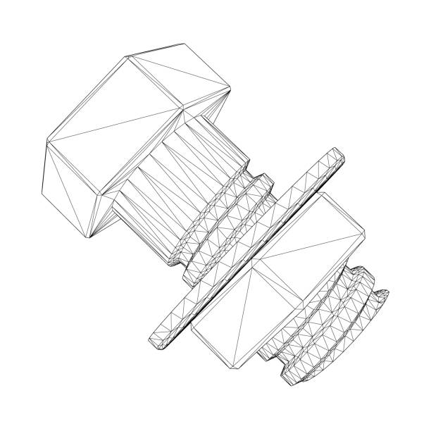 śruba szkieletowa z gwintem i nakrętką z czarnych linii na białym tle. 3d. ilustracja wektorowa - nut blueprint work tool construction stock illustrations