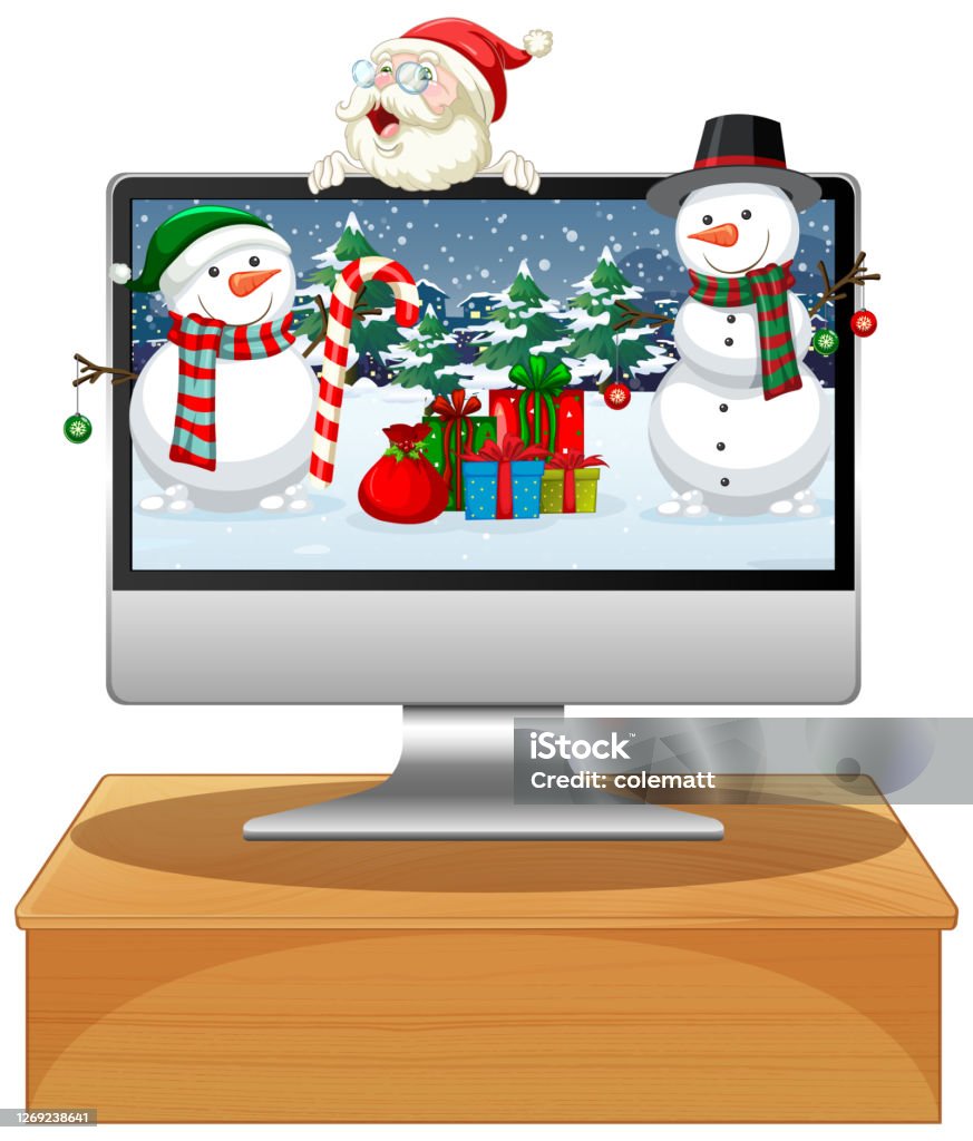 Christmas Color Computer Computer With Winter Xmas Theme Desktop Background Stock Illustration ...