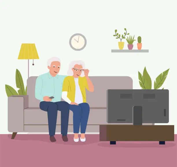 Vector illustration of Elderly couple sitting on the couch and watching TV . Vector flat cartoon illustration