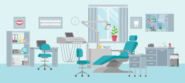 ilustraciones, imágenes clip art, dibujos animados e iconos de stock de concepto de una unidad dental con silla ajustable, lámpara, estante, fregadero y ventana. consultorio médico en un estilo plano. interior moderno y equipamiento en la clínica. carteles en las paredes. ilustración vectorial. - dentist dentist office dentists chair cartoon