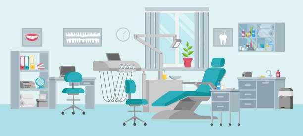 Concept of a dental unit with an adjustable chair, lamp, shelf, sink and window. Medical office in a flat style. Modern interior and equipment in the clinic. Posters on the walls. Vector illustration. Concept of a dental unit with an adjustable chair, lamp, shelf, sink and window. Medical office in a flat style. Modern interior and equipment in the clinic. Posters on the walls. Vector illustration dentists office stock illustrations