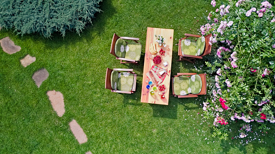 Decorated table with cheese, strawberry and fruits in beautiful summer rose garden, aerial top view of table food and drinks setting outdoors from above. Leisure and picnic with family and friends