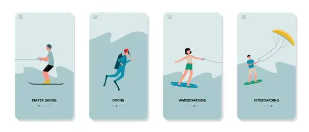 Vector illustration of A set of landing pages of marine water extreme sports and outdoor activities.