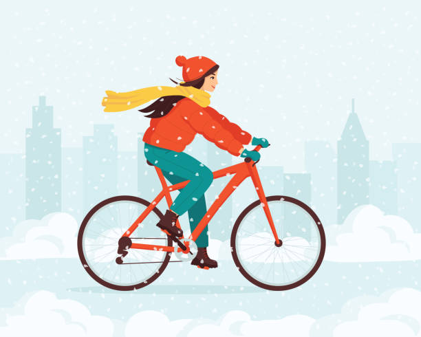 Young happy woman rides a bike in winter. Сoncept of outdoor activities in the cold season. Ecological vehicle of transportation. New Year Christmas holidays. Vector illustration Young happy woman rides a bike in a snowy city park in winter. Сoncept of outdoor activities in the cold season. Ecological vehicle of transportation. New Year Christmas holidays. Vector illustration new year urban scene horizontal people stock illustrations