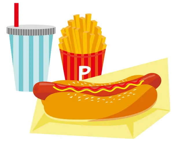 Vector illustration of Vector illustration of hot dog with mustard and ketchup sauce . French fries and drink