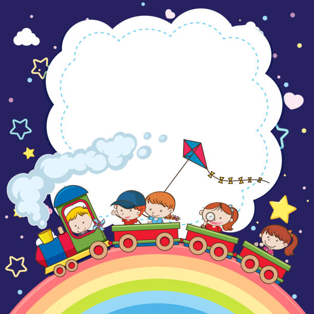 istock Blank banner with kids in toy train and rainbow in the sky on dark blue background 1269254417