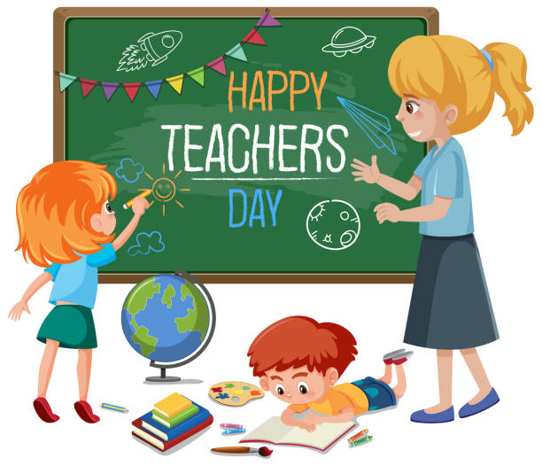 istock Happy Teacher's Day text on blackboard with kids and teacher in the classroom 1269254445