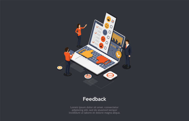 illustrazioni stock, clip art, cartoni animati e icone di tendenza di concetto di revisione e feedback dei clienti. le persone danno una valutazione della recensione. il cliente invia un feedback con informazioni importanti e problemi sull'esperienza con un prodotto. illustrazione vettoriale isometrica 3d - complaining attitude megaphone business