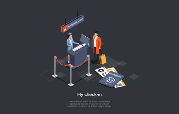 ilustrações de stock, clip art, desenhos animados e ícones de international air travel and fly check-in concept. an airport female employee checks the passanger s documents and luggage at the passport control point. colorful 3d isometric vector illustration - entering airplane