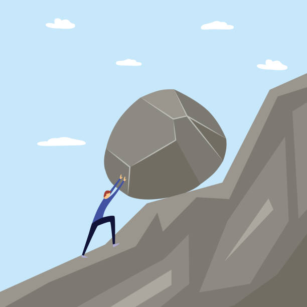 A man makes an effort, pushes and rolls a stone up the mountain. A man makes an effort, pushes and rolls a stone up the mountain. Concept of business and work, metaphor of a man effort. Flat vector illustration. sisyphus stock illustrations