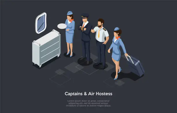 Vector illustration of Aircrew, Captains And Flight Attendants Concept. Air Hostess, Captain And Pilot On A Board Of An Airplane Collectively Form A Flight Crew. 3d Isometric Vector Illustration On Dark Grey Background