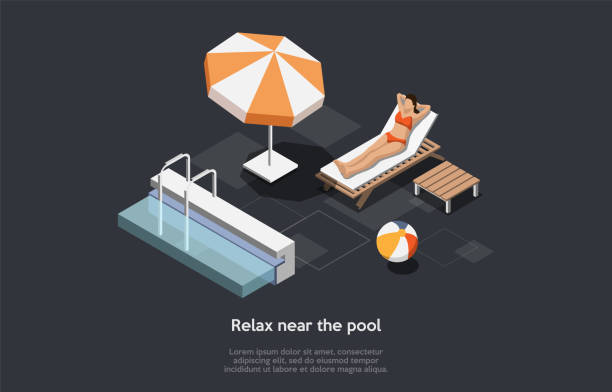 ilustrações de stock, clip art, desenhos animados e ícones de holidays and vacations concept. female character relaxes and sunbathes near the pool. set of resting stuff such as sun lounger, small table, ball and sun umbrella. 3d isometric vector illustration - heat beautiful joy happiness