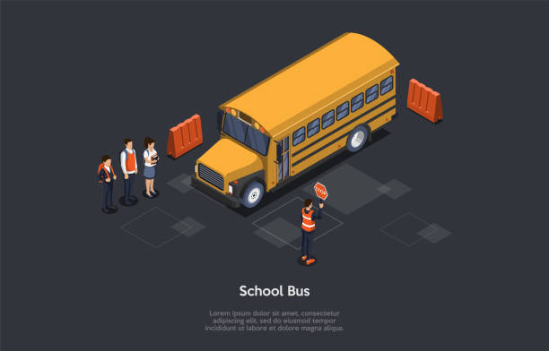 공부, 교육 및 교통 개념. 버스 정류장에서 학교 버스를 기다리는 학생들. 학교 가방을 가진 학생 그룹 버스로 학교에 간다. - bus child waiting education stock illustrations