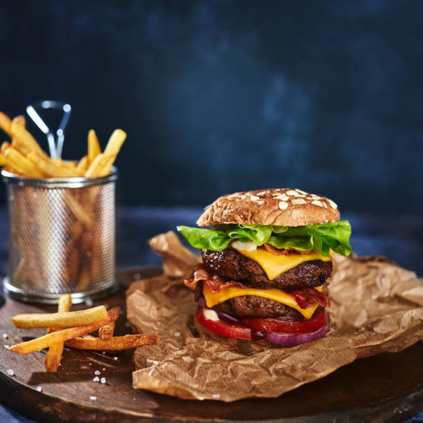 Double Cheese Burger with Tomatoes, Onions and Salad