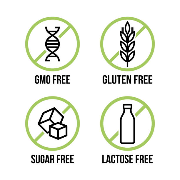 Lactose free, Sugar free, Gluten free, GMO free vector labels for food emblems designs, can be used as stamps, seals, badges, for packaging etc. vector art illustration