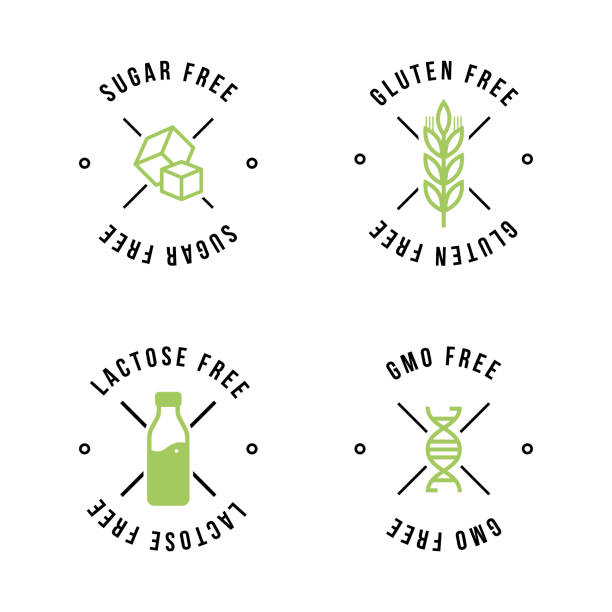 bez laktozy, bez cukru, bezglutenowe, wolne od gmo etykiety wektorowe dla wzorów emblematów żywności, mogą być używane jako znaczki, plomby, odznaki, do pakowania itp. - bezlaktozowy stock illustrations