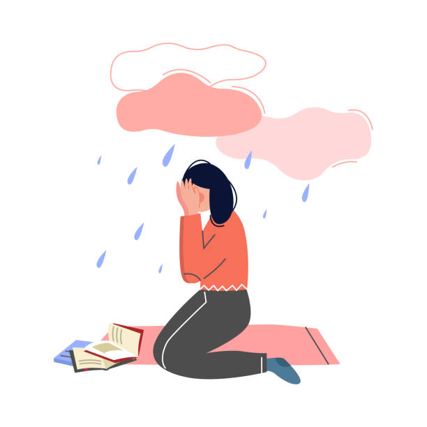 istock Depressed Teen Girl Sitting under Rain Cloud, Girl Having Learning Problems Vector Illustration 1269263012