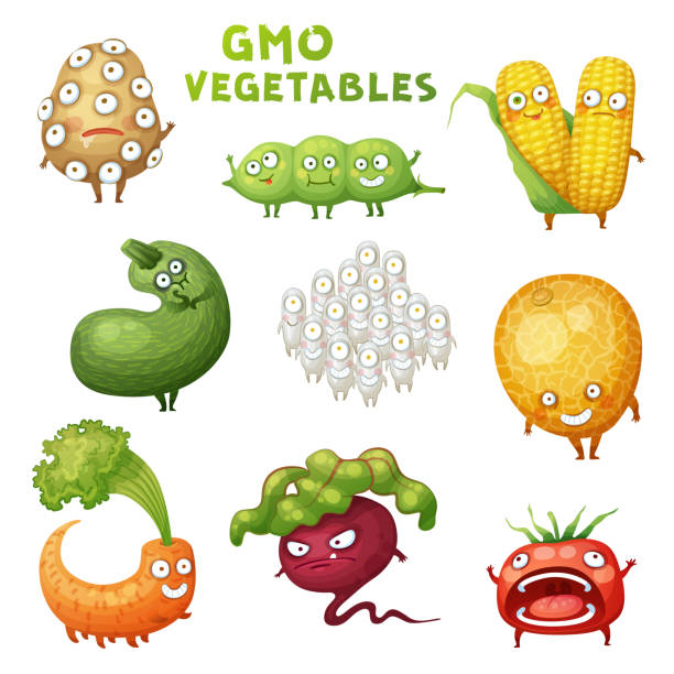 gvo monster gemüse illustrationen set. cartoon vektor lustige charakter-symbol isoliert auf weißem hintergrund - genetic modification dna tomato genetic research stock-grafiken, -clipart, -cartoons und -symbole