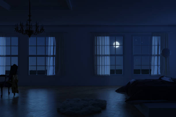 3d рендеринг классической спальни квартиры в лунном свете - antique bed стоковые фото и изображения