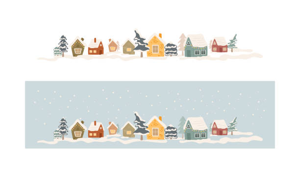 stockillustraties, clipart, cartoons en iconen met reeks de winter gezellige huizen in vlakke stijl. gekleurde hutteninzameling op witte en blauwe achtergrond met sneeuw. - landschap dorp