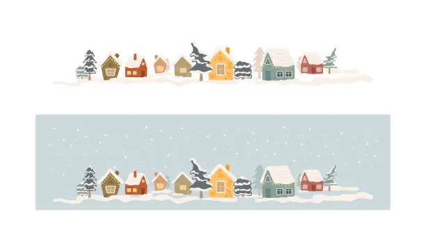 Vector illustration of Set of winter cozy houses in flat style. Colored huts collection on white and blue background with snow.
