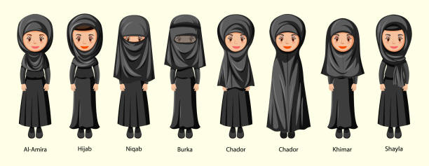 illustrazioni stock, clip art, cartoni animati e icone di tendenza di tipi di veli tradizionali islamici di femmina nel personaggio dei cartoni animati - milfeh