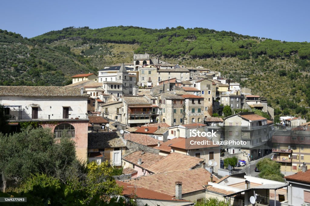 The old town of Lenola, Italy. Panoramic view of Lenola, an old town in the mountains of the Lazio region, Italy. Foot Stock Photo