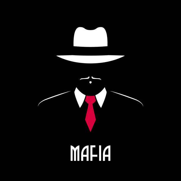 ilustraciones, imágenes clip art, dibujos animados e iconos de stock de silueta de hombre mafioso. emblema vectorial para tienda masculina, una peluquería, un club de caballeros. gangster con sombrero y corbata roja. ilustración de stock. - mob