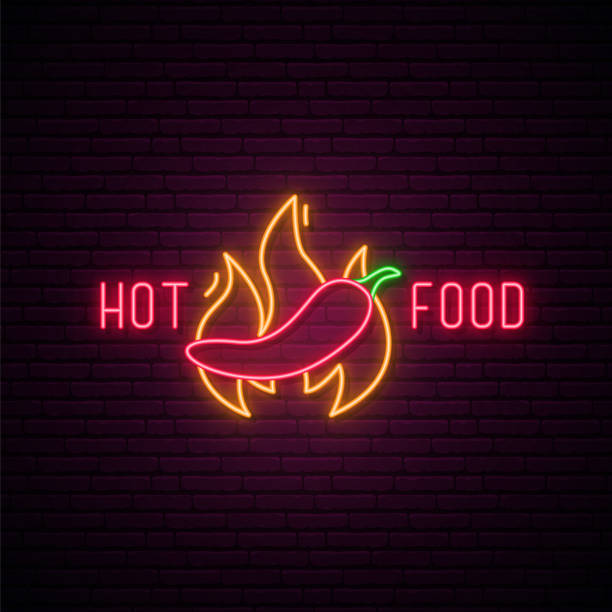 stockillustraties, clipart, cartoons en iconen met hot food neon teken. helder lichtbord met embleem van de neonpeper. hot food embleem. vectorillustratie. - chili pepper