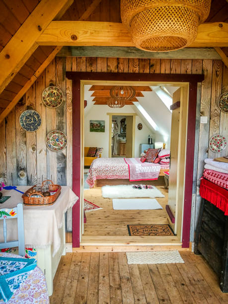 istock Cosy and colorful wooden cabin interior architecture 1269281094