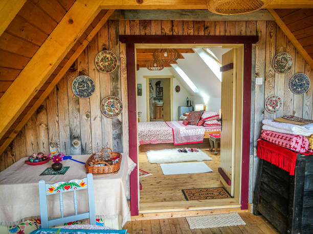 istock Cosy and colorful wooden cabin interior architecture 1269281105
