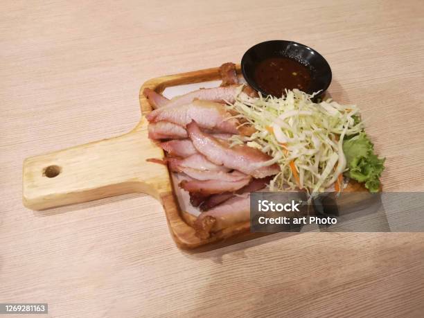 Charcoal Boiled Pork Neck With Sweet Chili Sauce And Cabbage Finely Sliced On Wooden Tray Thai Food Fragrant Soft Deliciou Stock Photo - Download Image Now
