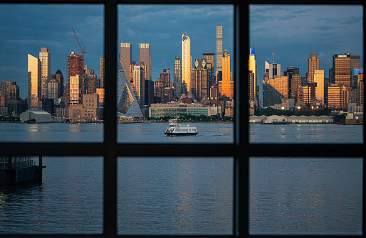 New York City skyline from a window, NY, USA