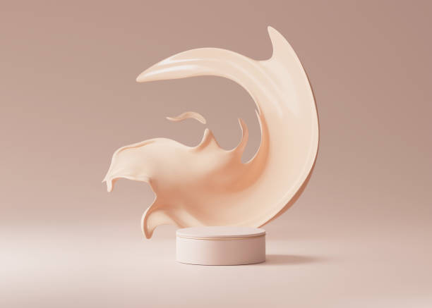 podio de pedestal de color beige 3d con remolino de salpicaduras de base líquida sobre fondo de estudio. flujo fluido de crema desnuda con vitrina de exhibición para producto de belleza, promoción de cosméticos.  abstracto 3d render maqueta - liquid foundation fotografías e imágenes de stock