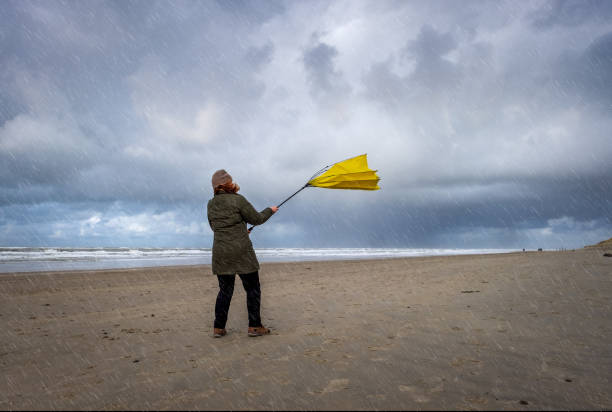 Woman struggling with big yellow umbrella on beach in stormy weather stock photo