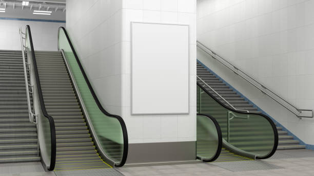 istock Poster mock up on the wall with escalator and stairs. 1269283846