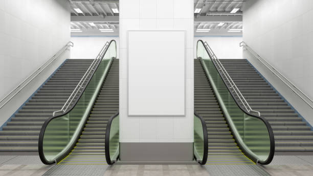istock Poster mock up on the wall with escalator and stairs. 1269283986