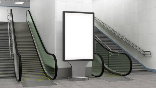 istock Blank billboard stand with escalator and stairs. 1269284033