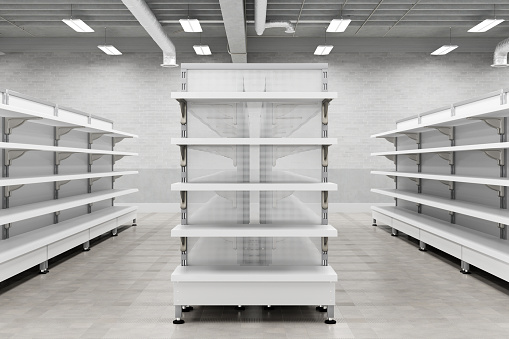 Supermarket interior with empty store shelves mock up.