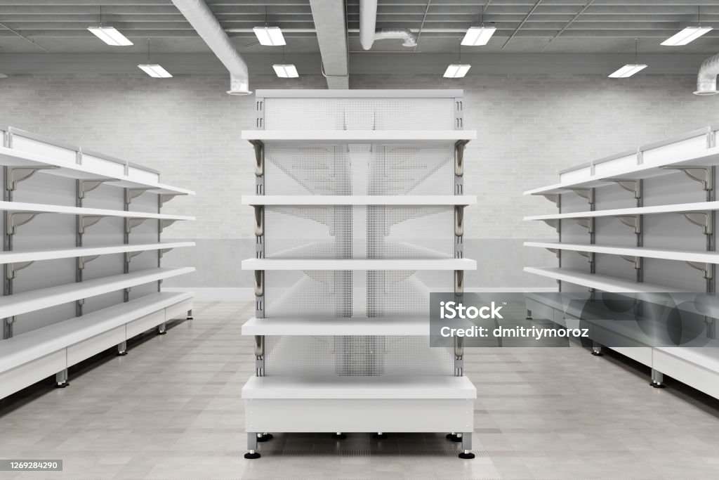 Supermarket interior with empty store shelves mock up. Supermarket interior with empty store shelves mock up. 3d render Shelf Stock Photo