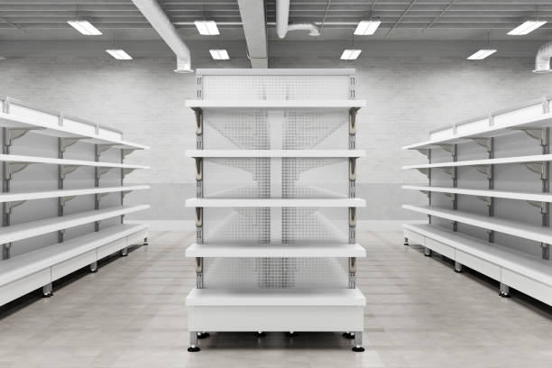 Supermarket interior with empty store shelves mock up. Supermarket interior with empty store shelves mock up. 3d render no people stock pictures, royalty-free photos & images